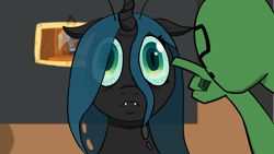 Size: 1920x1080 | Tagged: safe, artist:sodapop200, queen chrysalis, oc, oc:anon, changeling, changeling queen, human, robot, robot changeling, g4, closed mouth, eyes open, fangs, floppy ears, frown, horn, photo, poking, queen chrysabot, roboticization, transparent, transparent mane, wide eyes