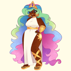 Size: 2480x2480 | Tagged: safe, artist:pandemiamichi, princess celestia, human, g4, clothes, dark skin, dress, high res, humanized, side slit, simple background, solo, total sideslit