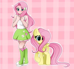 Size: 4096x3812 | Tagged: safe, artist:kittyrosie, fluttershy, human, pegasus, pony, equestria girls, g4, blue background, blushing, breasts, busty fluttershy, cleavage, cute, female, heart eyes, human coloration, human ponidox, humanized, kittyrosie is trying to murder us, mare, self paradox, self ponidox, shy, shyabetes, simple background, sleeveless, wingding eyes