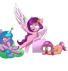 Size: 5800x6100 | Tagged: safe, artist:melancholy, artist:opal_radiance, izzy moonbow, pipp petals, sunny starscout, earth pony, pegasus, pony, unicorn, g5, absurd resolution, ball, beanbag chair, bipedal, bipedal leaning, colored wings, crown, female, floppy ears, grin, hoof over mouth, horn, horn guard, horn impalement, hornball, izzy's tennis ball, jewelry, leaning, lying down, mare, open mouth, open smile, prone, red eyes, red-eyed pipp, regalia, signature, simple background, sitting, smiling, spread wings, teeth, tennis ball, transparent background, trio, trio female, wings
