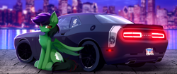 Size: 5160x2160 | Tagged: safe, artist:airiniblock, oc, oc only, oc:kendall wilson, pegasus, pony, rcf community, car, chest fluff, city, cityscape, dodge (car), dodge challenger, skyline, solo