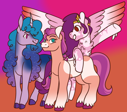 Size: 2206x1939 | Tagged: safe, artist:eonionic, izzy moonbow, pipp petals, sunny starscout, earth pony, pegasus, pony, unicorn, g5, braid, chest fluff, female, looking at you, mare, red eyes, red-eyed pipp, smiling, spread wings, unshorn fetlocks, wings