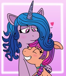 Size: 6000x6896 | Tagged: safe, artist:jadeharmony, izzy moonbow, sunny starscout, earth pony, pony, unicorn, g5, abstract background, absurd resolution, blushing, braid, eyes closed, female, floppy ears, grin, heart, hug, lesbian, mare, ship:moonscout, shipping, smiling, teeth
