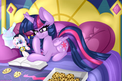 Size: 3040x2030 | Tagged: safe, artist:ladylullabystar, twilight sparkle, oc, oc:lullaby star, alicorn, pony, g4, book, cookie, cute, doll, food, high res, lying down, prone, toy, twiabetes, twilight sparkle (alicorn)
