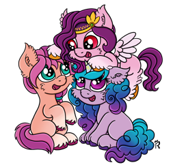 Size: 1920x1855 | Tagged: safe, artist:dawn-designs-art, izzy moonbow, pipp petals, sunny starscout, earth pony, pegasus, pony, unicorn, g5, cheek fluff, cute, ear fluff, female, filly, filly izzy moonbow, filly pipp petals, filly sunny starscout, happy, open mouth, raised hoof, red eyes, red-eyed pipp, simple background, sitting, transparent background, trio, unshorn fetlocks