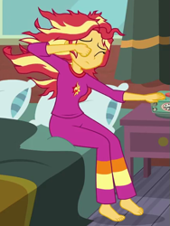 Size: 433x577 | Tagged: safe, screencap, sunset shimmer, equestria girls, g4, monday blues, my little pony equestria girls: summertime shorts, barefoot, bed hair, clothes, cropped, feet, pajamas, solo