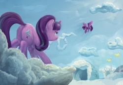 Size: 1280x888 | Tagged: safe, artist:hirichie, starlight glimmer, twilight sparkle, alicorn, pony, unicorn, g4, the cutie re-mark, butt, cloud, duo, female, flying, glimmer glutes, mare, on a cloud, plot, scene interpretation, twilight sparkle (alicorn)