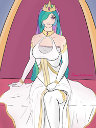 Size: 3000x4000 | Tagged: safe, artist:sonatalicious, princess celestia, human, g4, bare shoulders, breasts, busty princess celestia, cleavage, clothes, crown, dress, eyebrows, eyelashes, female, hair, hair over one eye, high res, humanized, jewelry, lips, long hair, looking at you, queen celestia, regalia, sitting, smiling, smiling at you, solo, throne, wide hips
