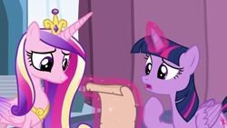 Size: 1280x720 | Tagged: safe, screencap, princess cadance, twilight sparkle, alicorn, pony, g4, the crystalling, duo, duo female, female, glowing horn, horn, magic, magic aura, open mouth, scroll, sisters-in-law, telekinesis, twilight sparkle (alicorn)
