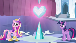 Size: 1280x720 | Tagged: safe, screencap, princess cadance, twilight sparkle, alicorn, pony, g4, the crystalling, crystal empire, crystal heart, duo, duo female, female, glowing, looking up, open mouth, sisters-in-law, teeth, twilight sparkle (alicorn)