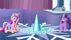 Size: 1280x720 | Tagged: safe, screencap, princess cadance, twilight sparkle, alicorn, pony, g4, the crystalling, broken, crystal empire, crystal heart, duo, duo female, eyes closed, female, gritted teeth, shattered, sisters-in-law, teeth, twilight sparkle (alicorn)