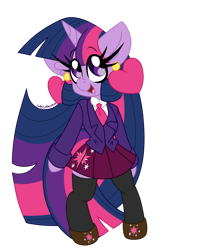 Size: 1280x1595 | Tagged: safe, artist:ladylullabystar, twilight sparkle, semi-anthro, g4, arm hooves, big ears, clothes, long eyelashes, long mane, simple background, skirt, socks, solo, stockings, thigh highs, transparent background