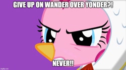 Size: 888x499 | Tagged: safe, editor:lovetime17, pinkie pie, earth pony, pony, g4, luna eclipsed, season 2, angry, caption, cold opening, crossover, image macro, imgflip, meme, solo, text, wander over yonder