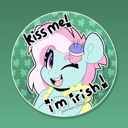 Size: 2048x2048 | Tagged: safe, artist:partypievt, kerfuffle, pegasus, pony, g4, rainbow roadtrip, abstract background, bronybait, clothes, clover, eye clipping through hair, eyebrows, eyebrows visible through hair, four leaf clover, high res, ireland, looking at you, obtrusive watermark, one eye closed, pincushion, solo, vest, watermark, wink, winking at you