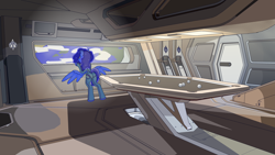 Size: 3840x2160 | Tagged: safe, artist:happy harvey, edit, princess luna, alicorn, pony, g4, anvil aerospace, bodysuit, butt, carrack, clothes, crossover, female, high res, looking out the window, mare, phone drawing, planet, plot, ponies in space, pool table, rsi, space, spacesuit, star citizen