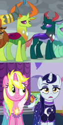 Size: 734x1440 | Tagged: safe, edit, edited screencap, screencap, moonlight raven, pharynx, sunshine smiles, thorax, changedling, changeling, pony, unicorn, canterlot boutique, g4, the ending of the end, brothers, changedling brothers, clothes, comparison, crack shipping, cropped, double date, dress, female, king thorax, male, prince pharynx, ship:ravenpharynx, ship:sunshinerax, shipping, shipping domino, siblings, sisters, straight