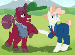 Size: 2000x1463 | Tagged: safe, artist:wulfums, svengallop, oc, oc:velveteen, earth pony, pony, g4, canon x oc, couple, field, gay, male, show accurate, stallion