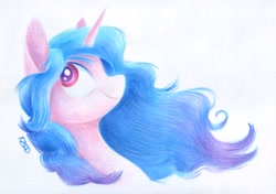 Size: 2262x1594 | Tagged: safe, artist:rsd500, izzy moonbow, pony, unicorn, g5, blue mane, bust, drawing, female, mare, simple background, smiling, solo, traditional art, wavy mane, white background