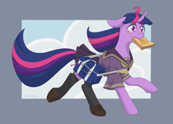 Size: 3652x2634 | Tagged: safe, artist:taytinabelle, twilight sparkle, pony, unicorn, g4, anime reference, bag, blushing, bread, clothes, cutie mark accessory, female, food, galloping, high res, mare, mouth hold, neckerchief, neon genesis evangelion, pleated skirt, raised hoof, running, school uniform, schoolgirl, schoolgirl toast, shirt, shoes, shoulder bag, simple background, skirt, socks, solo, sweat, tardy, unicorn twilight, uniform, worried
