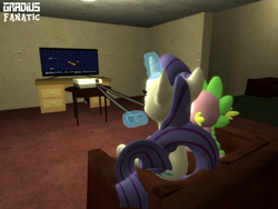 Size: 2048x1536 | Tagged: safe, artist:gradiusfanatic, rarity, spike, dragon, pony, unicorn, g4, 3d, female, gmod, life force, male, nintendo entertainment system, playing, ship:sparity, shipping, straight, video game