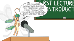 Size: 1920x1080 | Tagged: safe, artist:mkogwheel, oc, oc only, oc:kumquat puff, breezie, breezie oc, chalkboard, lecture hall, lowres, microphone, simple background, solo, speech, speech bubble, swedish, talking, white background