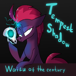 Size: 1024x1024 | Tagged: safe, artist:northernlightsone, tempest shadow, pony, unicorn, g4, black background, broken horn, female, glowing horn, hoof hold, horn, magic, mare, raised hoof, simple background, skull, solo, sparks, waifu