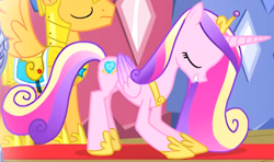 Size: 1404x833 | Tagged: safe, screencap, flash sentry, princess cadance, alicorn, pegasus, pony, g4, three's a crowd, bowing, cropped, crown, eyes closed, female, folded wings, grin, hoof shoes, jewelry, male, mare, regalia, smiling, solo, stallion, wings