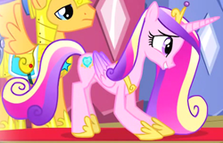 Size: 1292x833 | Tagged: safe, screencap, flash sentry, princess cadance, alicorn, pegasus, pony, g4, three's a crowd, bowing, cropped, crown, female, folded wings, grin, hoof shoes, jewelry, male, mare, regalia, smiling, solo, stallion, wings