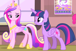 Size: 1750x1169 | Tagged: safe, screencap, princess cadance, twilight sparkle, alicorn, pony, g4, three's a crowd, cropped, duo, female, looking back, mare, raised eyebrow, raised hoof, sisters-in-law, smiling, twilight sparkle (alicorn), walking