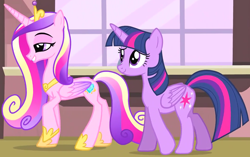 Size: 1858x1169 | Tagged: safe, screencap, princess cadance, twilight sparkle, alicorn, pony, g4, three's a crowd, cropped, duo, female, lidded eyes, mare, palindrome get, raised hoof, sisters-in-law, smiling, twilight sparkle (alicorn), walking