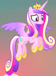Size: 1076x1465 | Tagged: safe, screencap, princess cadance, alicorn, pony, g4, three's a crowd, cropped, crown, female, flying, hoof shoes, jewelry, regalia, slender, solo, spread wings, thin, tiara, wings