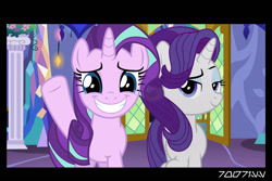 Size: 1288x858 | Tagged: safe, edit, edited screencap, editor:teren rogriss, screencap, rarity, starlight glimmer, pony, unicorn, g4, no second prances, alternate hairstyle, looking at you, mane swap, palette swap, recolor, twilight's castle