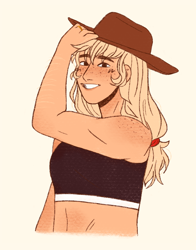 Size: 1234x1576 | Tagged: safe, artist:fioweress, applejack, human, g4, alternate hairstyle, applejack's hat, blushing, clothes, cowboy hat, cute, female, grin, hat, humanized, jackabetes, jewelry, midriff, redraw, ring, simple background, smiling, solo, sports bra, white background