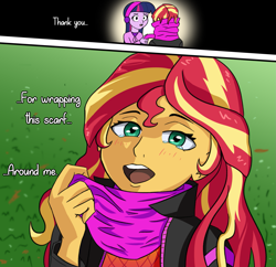 Size: 2059x1989 | Tagged: safe, artist:artiks, sunset shimmer, twilight sparkle, equestria girls, g4, attack on titan, blushing, clothes, female, lesbian, open mouth, scarf, ship:sunsetsparkle, shipping, teary eyes