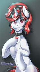 Size: 1980x3500 | Tagged: safe, artist:ellynet, oc, oc only, oc:blackjack, pony, unicorn, fallout equestria, fallout equestria: project horizons, choker, eye clipping through hair, eyebrows, eyebrows visible through hair, fanfic art, female, lips, looking at you, mare, pecs, solo
