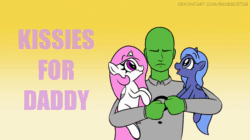 Size: 1200x674 | Tagged: safe, artist:banebuster, princess celestia, princess luna, oc, oc:anon, alicorn, human, pony, series:tiny tia, g4, animated, bronybait, cewestia, cheek kiss, cute, cutelestia, daaaaaaaaaaaw, eyes closed, father and child, father and daughter, female, filly, filly luna, grumpy, heart, holding a pony, kissing, lucky bastard, lunabetes, male, pink-mane celestia, royal sisters, s1 luna, siblings, simple background, sisters, sweet dreams fuel, weapons-grade cute, woona, younger