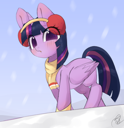 Size: 3086x3183 | Tagged: safe, artist:choyamy, twilight sparkle, alicorn, pony, g4, blushing, clothes, cute, earmuffs, female, high res, looking at you, mare, scarf, signature, snow, solo, twiabetes, twilight sparkle (alicorn)