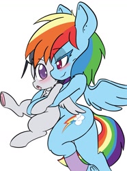 Size: 1459x1960 | Tagged: safe, artist:steelsoul, rainbow dash, rumble, pegasus, pony, g4, age difference, blushing, colt, duo, female, foal, male, mare, mare on colt, ship:rumbledash, shipping, simple background, straight, straight shota