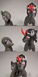 Size: 1024x2043 | Tagged: safe, artist:crosslineanimator, king sombra, marble pie, g4, clay, crack shipping, figure, figurine, looking at each other, marblesombra, plasticine, shipping, snuggling