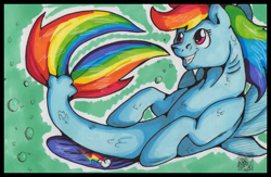 Size: 2013x1315 | Tagged: safe, artist:stormblaze-pegasus, rainbow dash, pegasus, pony, seapony (g4), g4, bubble, dorsal fin, female, fish tail, flowing mane, flowing tail, pencil drawing, pink eyes, seaponified, seapony rainbow dash, signature, smiling, solo, species swap, tail, teeth, traditional art, underwater, water, wings