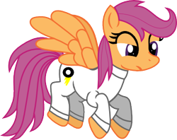Size: 404x320 | Tagged: safe, artist:flower-dash, scootaloo, oc, oc:absentia, pegasus, pony, fanfic:pegasus device, fanfic:rainbow factory, g4, factory uniform, fanfic art, flying, lightning, older, older scootaloo, scootaloo can fly, simple background, transparent background, vector, wheel, white suit