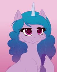 Size: 2364x3008 | Tagged: safe, artist:starshade, izzy moonbow, pony, unicorn, g5, bust, cheek fluff, cute, female, gradient background, heart, heart eyes, high res, izzybetes, smiling, solo, unshorn fetlocks, wingding eyes