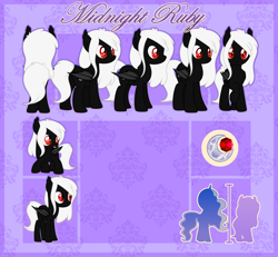 Size: 4000x3700 | Tagged: artist needed, safe, oc, oc:midnight ruby, bat pony, pony, bat pony oc, female, filly, mare, red eyes, reference sheet, size comparison, teenager, white mane, wings