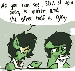 Size: 382x362 | Tagged: safe, artist:plunger, oc, oc:filly anon, earth pony, pony, clothes, dialogue, eyes closed, female, filly, goggles, hoof hold, lab coat, necktie, open mouth, paper, self ponidox, speech bubble, ur gay