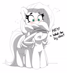 Size: 2886x3121 | Tagged: safe, artist:pabbley, fluttershy, rainbow dash, pegasus, pony, g4, blindfold, blushing, cute, dashabetes, dialogue, duo, female, high res, hug, lesbian, partial color, ship:flutterdash, shipping, shyabetes, simple background, size difference, smoldash, tallershy, white background, winghug, wings