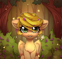 Size: 1697x1600 | Tagged: safe, artist:radioaxi, oc, oc only, butterfly, pegasus, pony, bush, chest fluff, female, forest, looking at you, mare, scenery, sitting, smiling, smiling at you, solo, tree