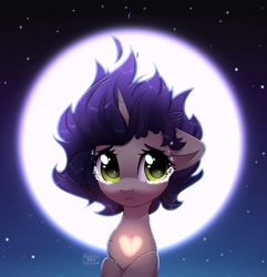 Size: 2500x2591 | Tagged: safe, artist:radioaxi, oc, oc only, pony, unicorn, bust, chest fluff, crying, female, heart, heart mark, high res, mare, moon, solo