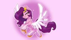 Size: 1920x1080 | Tagged: safe, artist:jen-neigh, pipp petals, pegasus, pony, g5, adorapipp, cute, female, flying, looking at you, mare, one eye closed, red eyes, red-eyed pipp, smiling, smiling at you, solo, spread wings, unshorn fetlocks, wings, wink, winking at you
