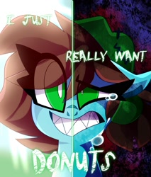 Size: 1450x1700 | Tagged: safe, artist:nekosnicker, oc, oc only, oc:neko, pony, two sided posters, bust, crying, donut, edgy as fuck, eye clipping through hair, female, food, looking at you, mare, portrait, sharp teeth, smiling, smiling at you, solo, teeth