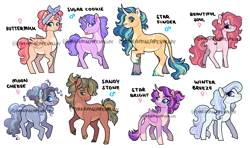 Size: 4062x2400 | Tagged: safe, artist:dreamscapevalley, oc, oc only, oc:beautiful soul, oc:buttermilk, oc:moon cheese, oc:sandy stone, oc:star bright, oc:star finder, oc:sugar cookie, oc:winter breeze, alicorn, classical unicorn, earth pony, pegasus, pony, unicorn, alicorn oc, blank flank, blaze (coat marking), body freckles, cloven hooves, coat markings, curved horn, ear piercing, earring, earth pony oc, facial markings, female, freckles, hair tie, horn, jewelry, leonine tail, magical gay spawn, magical lesbian spawn, male, mare, offspring, parent:big macintosh, parent:cheese sandwich, parent:double diamond, parent:fleur-de-lis, parent:fluttershy, parent:marble pie, parent:party favor, parent:princess celestia, parent:princess luna, parent:shining armor, parent:sunburst, parent:sunset shimmer, parent:tree hugger, parent:twilight sparkle, parents:cheeseluna, parents:doublestia, parents:fleurhugger, parents:fluttermac, parents:marblemac, parents:shiningburst, parents:sunsetsparkle, parents:twifavor, pegasus oc, piercing, simple background, socks (coat markings), stallion, tongue out, unicorn oc, unshorn fetlocks, white background, wings
